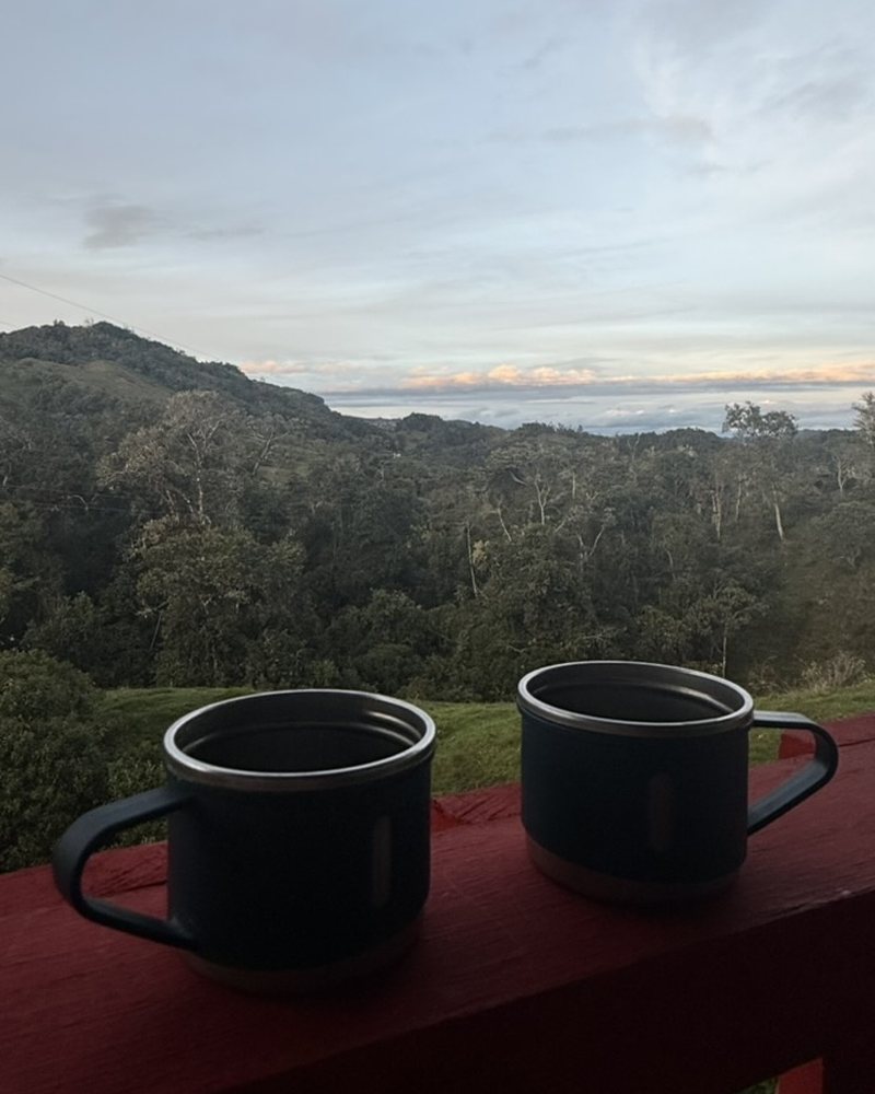 Dos pocillos de café sobre la baranda roja del corredor, con el bosque y las montañas de El Peñón al amanecer